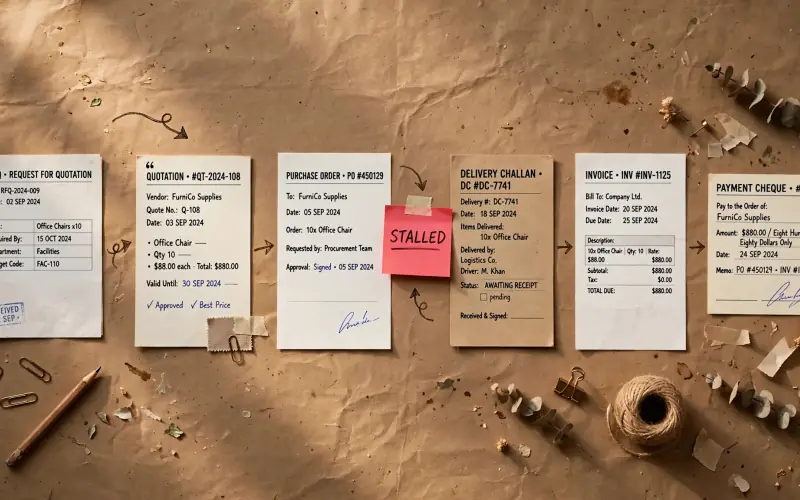 Procurement paperwork laid out in order on a desk: request for quotation, quotation, purchase order, delivery challan, invoice and payment, with one stage flagged as stalled