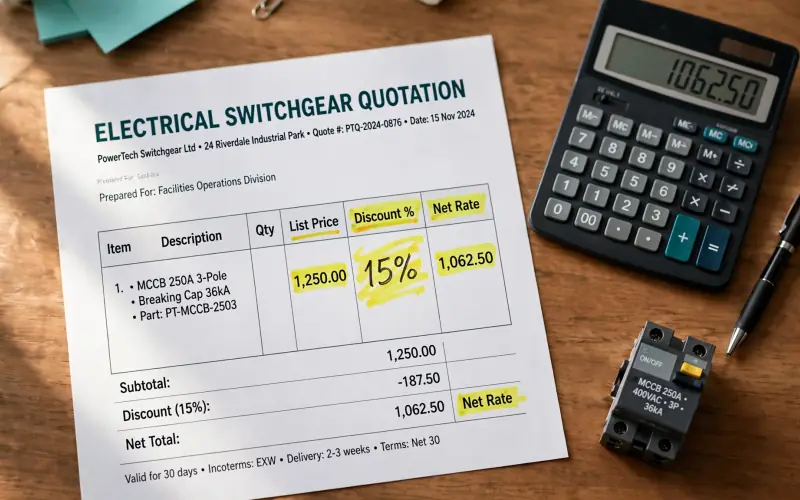 A printed switchgear quotation with its list price, discount and net rate highlighted, beside a calculator and an MCCB