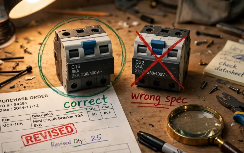 Two MCBs on a purchase order marked revised: one circled as correct, the other crossed out as the wrong spec
