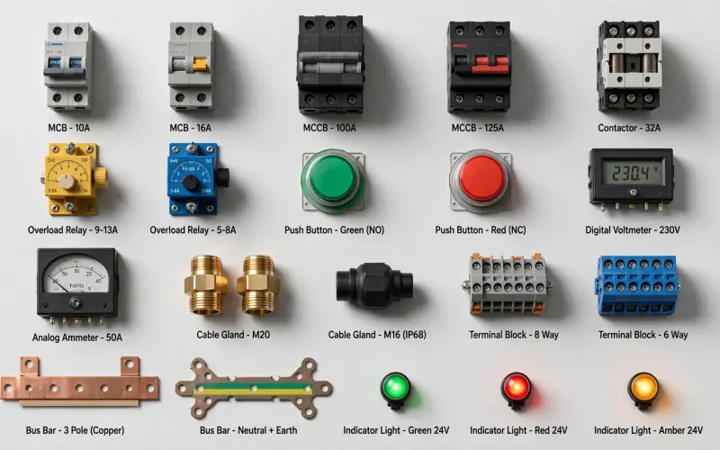 Common panel components laid out in a grid: MCBs, MCCBs, a contactor, overload relays, push buttons, meters, cable glands, terminal blocks, busbars and indicator lights
