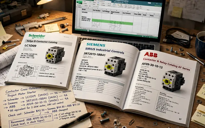 Three makers' contactor catalogues open on a desk beside a laptop spreadsheet and a handwritten cross-reference of part numbers