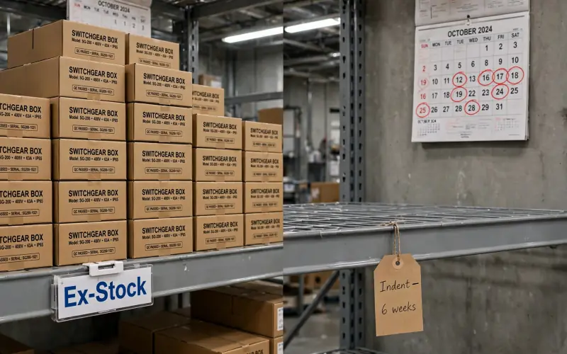 Switchgear cartons stacked on a shelf labelled ex-stock beside an empty shelf tagged indent, six weeks, under a wall calendar