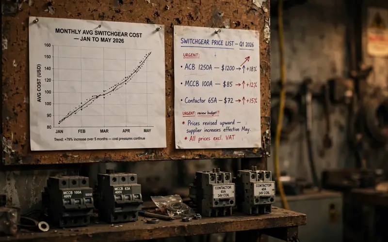 A workshop pinboard with a switchgear cost chart and a price list, above a bench of breakers and contactors