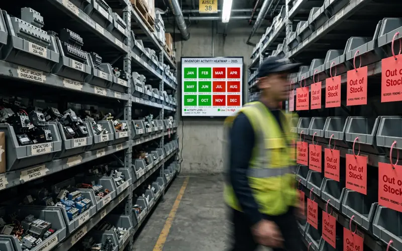 A storeroom aisle of switchgear bins, many tagged out of stock, as a worker in a hi-vis vest walks past