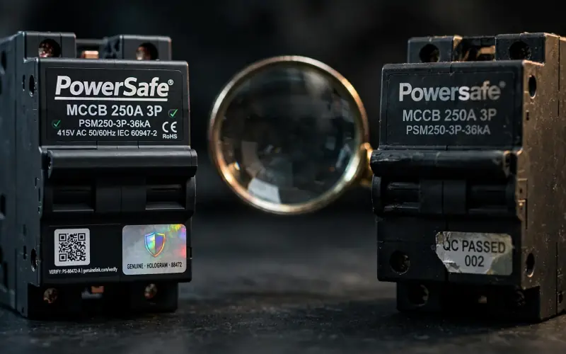 Two MCCBs side by side behind a magnifying glass, one carrying a holographic label and QR code, the other a worn copy