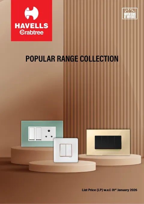 Cover of the Havells Crabtree switches price list, 1 January 2026 edition